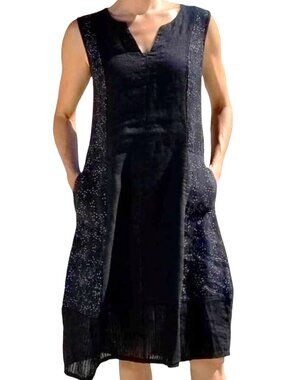 Inizio Linen Dress M • Black Splash Print • Made in Italy A-Line Pockets
